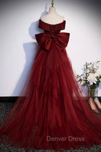 Burgundy Mermaid Long Prom Dresses, Off the Shoulder V-Neck Formal Evening Dresses