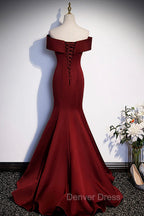Burgundy Mermaid Long Prom Dresses, Off the Shoulder V-Neck Formal Evening Dresses