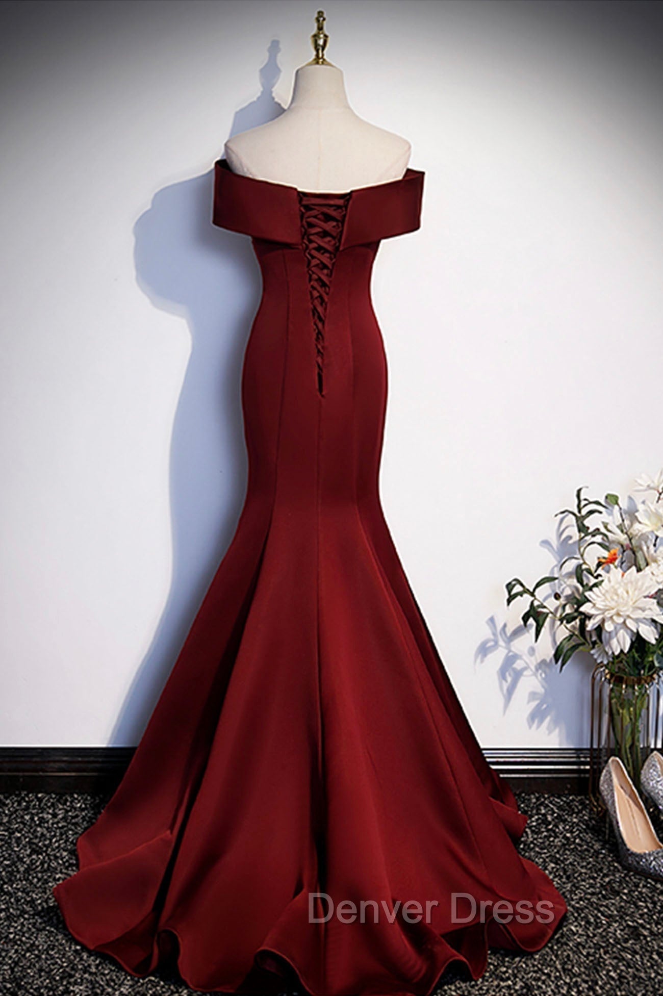Burgundy Mermaid Long Prom Dresses, Off the Shoulder V-Neck Formal Evening Dresses