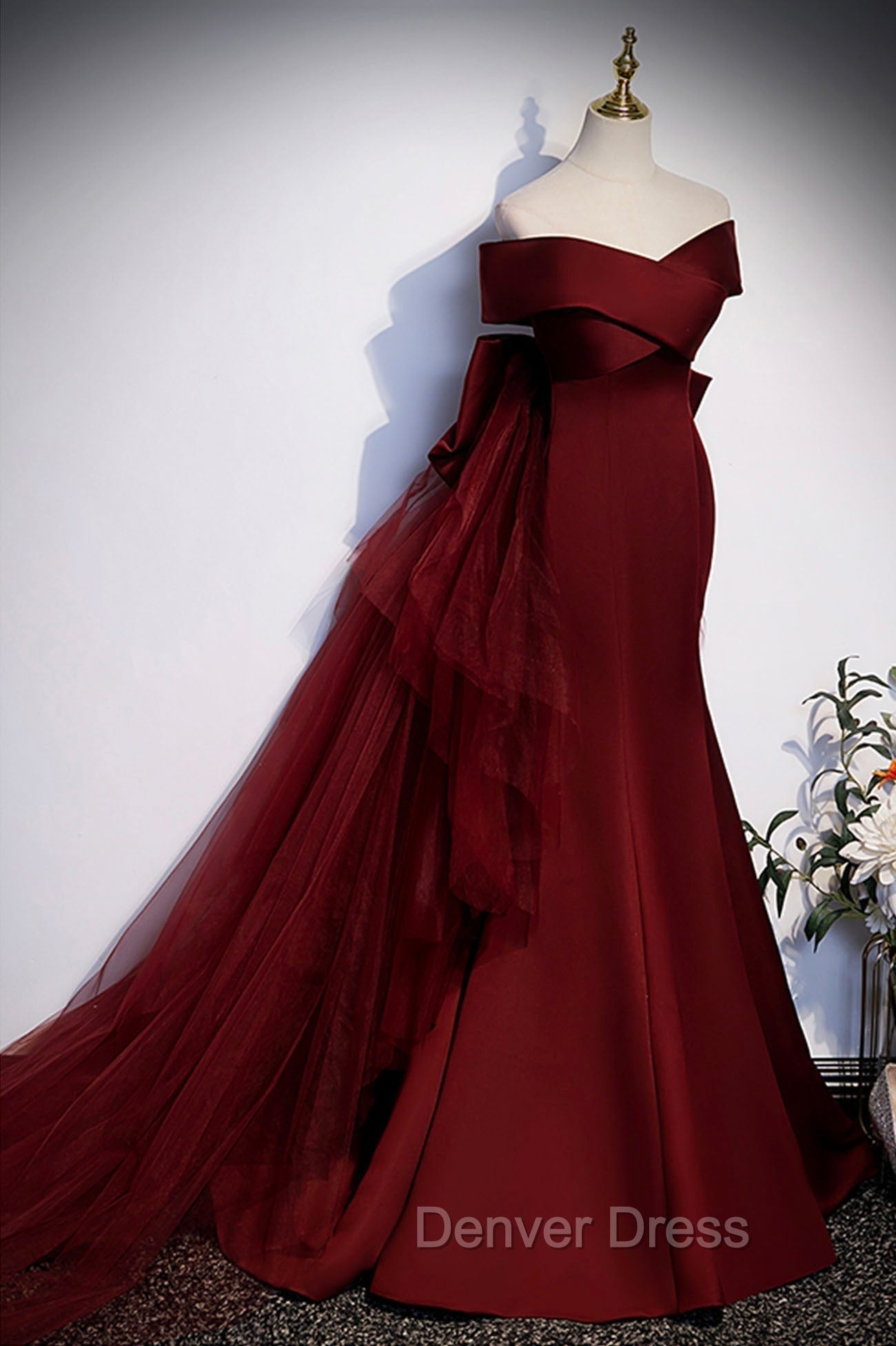 Burgundy Mermaid Long Prom Dresses, Off the Shoulder V-Neck Formal Evening Dresses