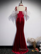 Burgundy Mermaid Long Prom Dress, Velvet Long Prom Dresses
