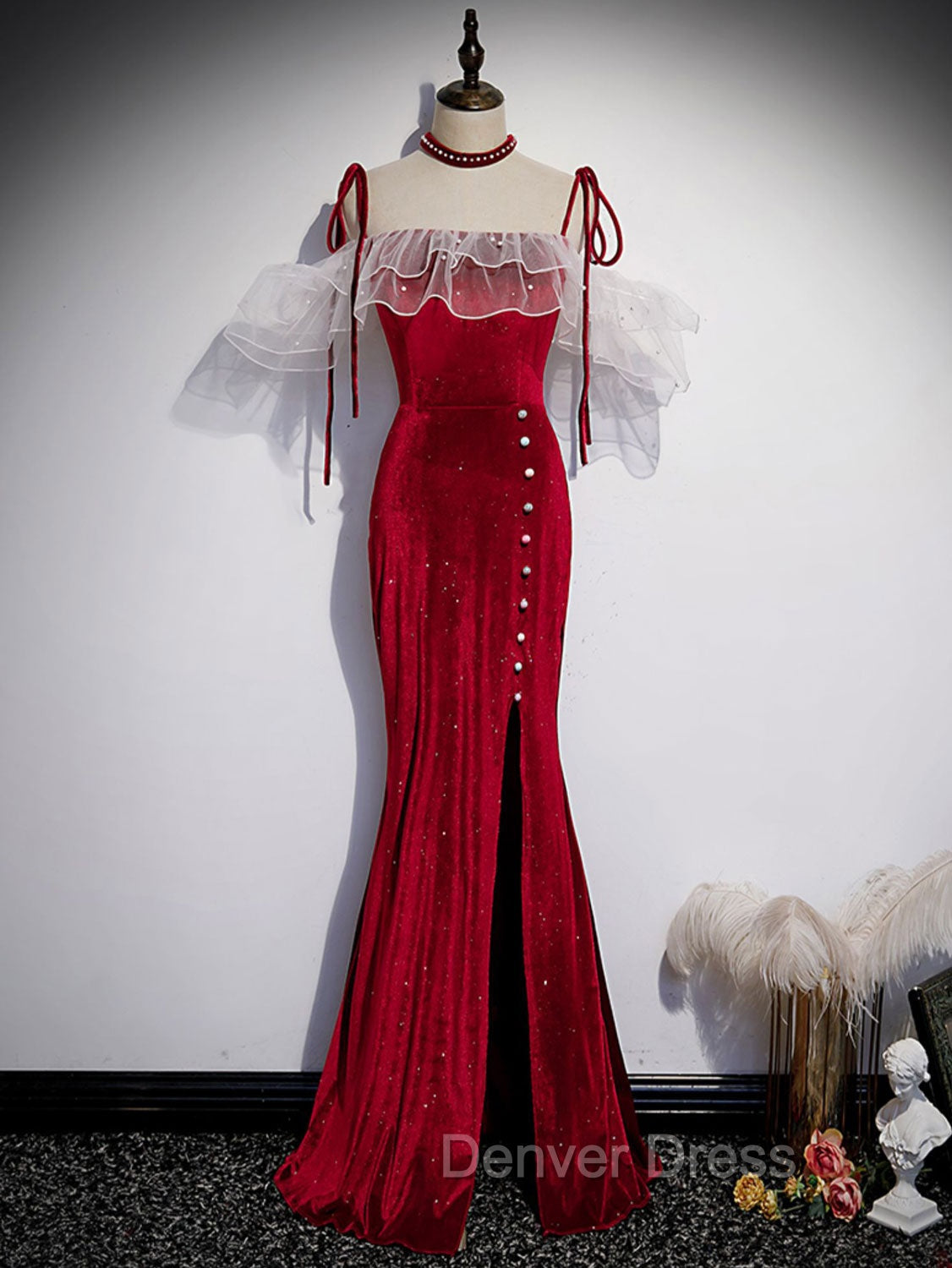 Burgundy Mermaid Long Prom Dress, Velvet Long Prom Dresses