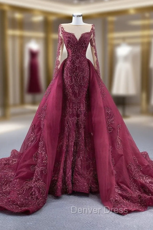 Burgundy Mermaid Long Sleeve Handwork Beading Prom Dresses
