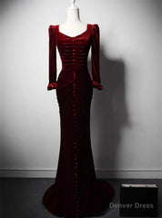 Burgundy Mermaid Long Sleeve Velvet Prom Dress