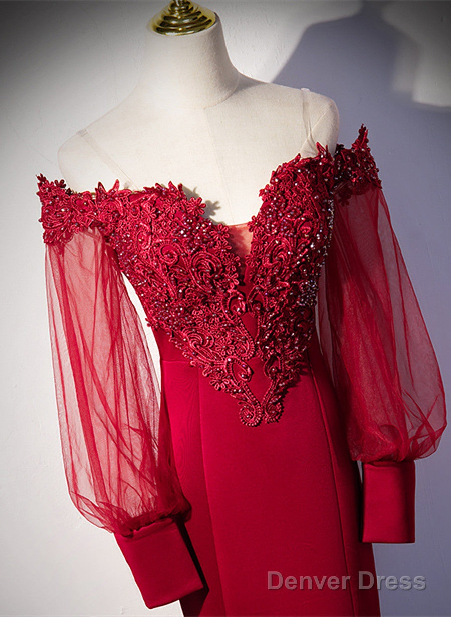 Burgundy Mermaid Long Sleeves Spandex With Lace Prom Dress, Burgundy Wedding Party Dress