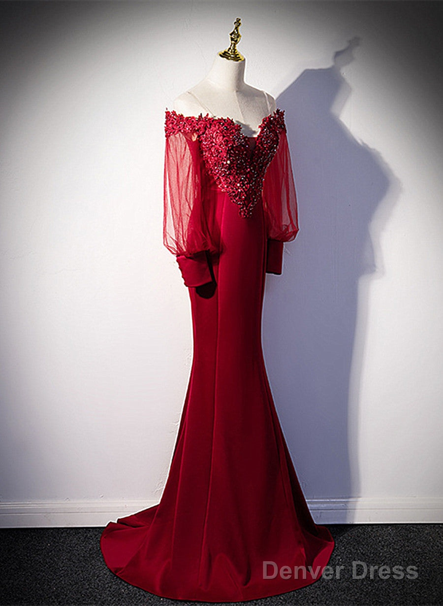 Burgundy Mermaid Long Sleeves Spandex With Lace Prom Dress, Burgundy Wedding Prom Dresses