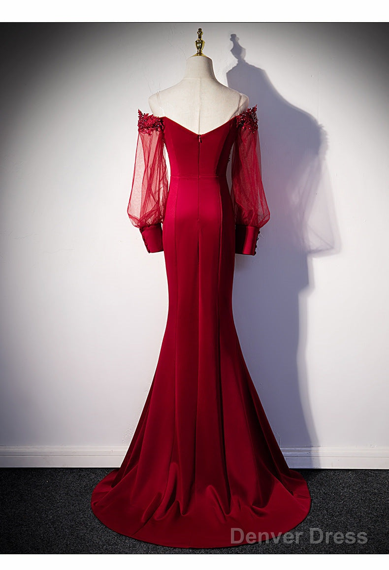 Burgundy Mermaid Long Sleeves Spandex With Lace Prom Dress, Burgundy Wedding Party Dress