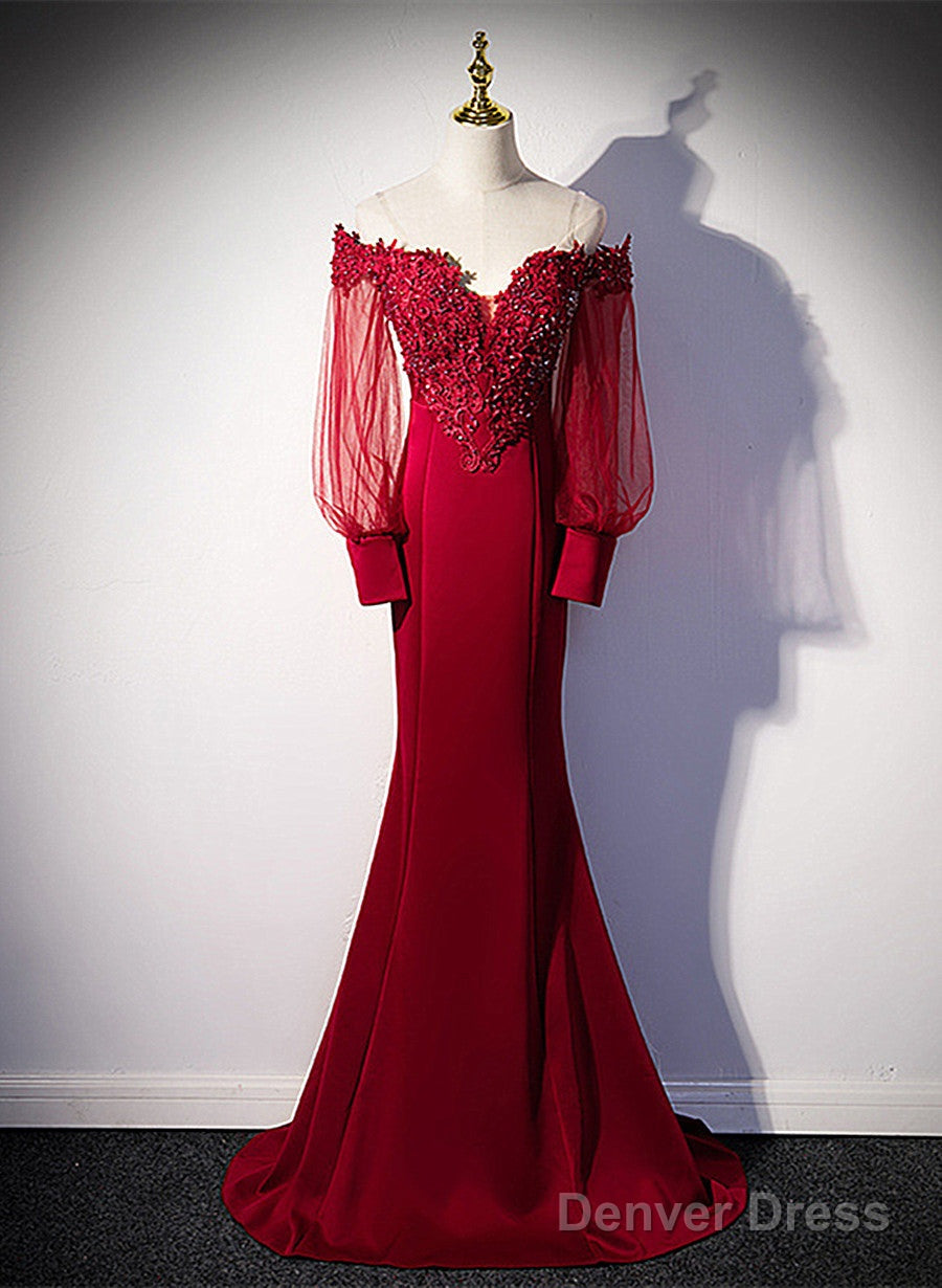 Burgundy Mermaid Long Sleeves Spandex With Lace Prom Dress, Burgundy Wedding Party Dress Main image