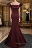 Burgundy Mermaid Off the Shoulder Pleats Prom Dresses