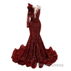 Orange Mermaid One Sleeve Prom Dress Sequined Lace Jewel Ruffles Prom Dresses with Appliques