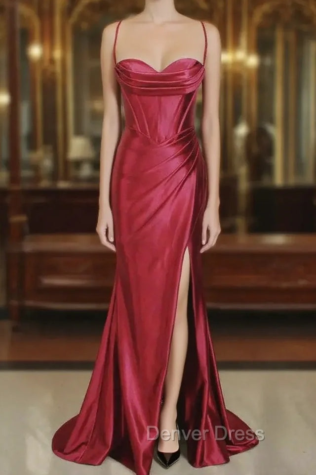 Burgundy Mermaid Satin Pleats Prom Dresses