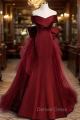 Burgundy Mermaid Satin Tulle Off the Shoulder Prom Dresses