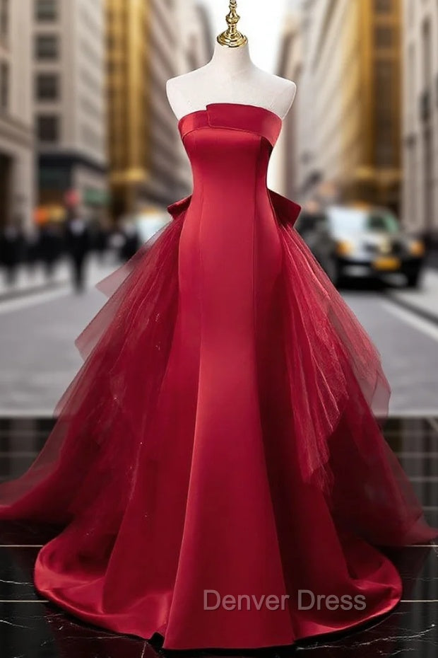 Burgundy Mermaid Satin Tulle Prom Dresses