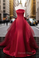 Burgundy Mermaid Satin Tulle Prom Dresses
