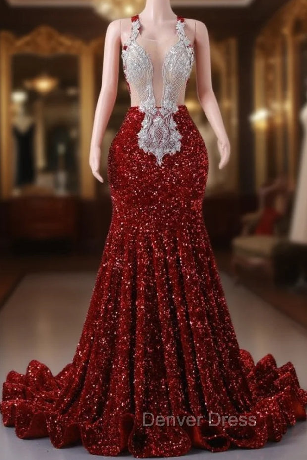 Burgundy Mermaid Sequins Appliques Backless Prom Dresses