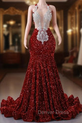 Burgundy Mermaid Sequins Appliques Backless Prom Dresses