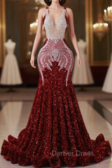 Burgundy Mermaid Sequins Backless Prom Dresses