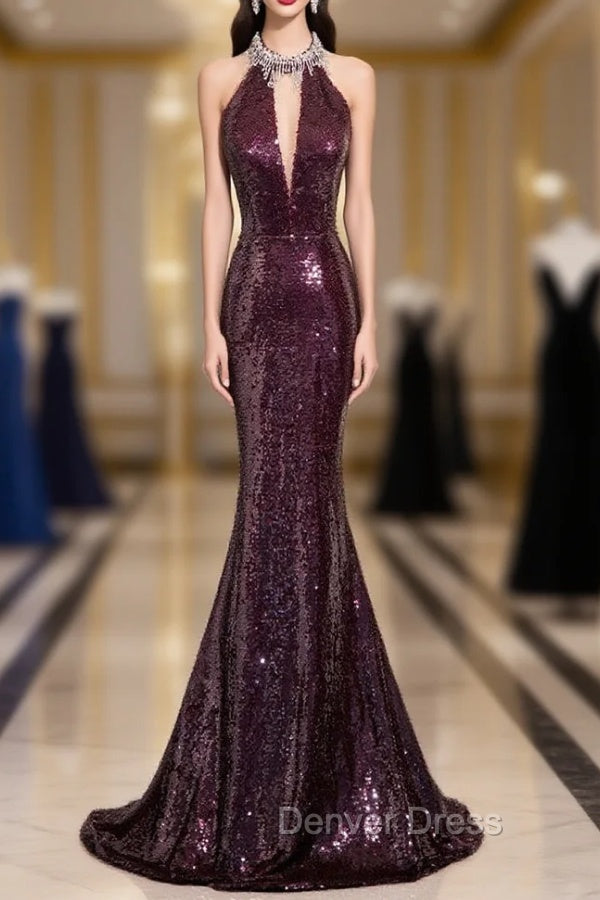 Burgundy Mermaid Sequins Beading Backless Prom Dresses