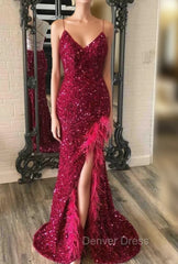 Burgundy Mermaid Sequins Feather Split Prom Dresses