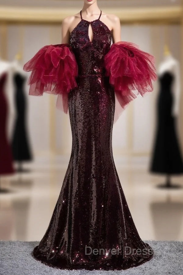 Burgundy Mermaid Sequins Halter Cut Out Prom Dresses