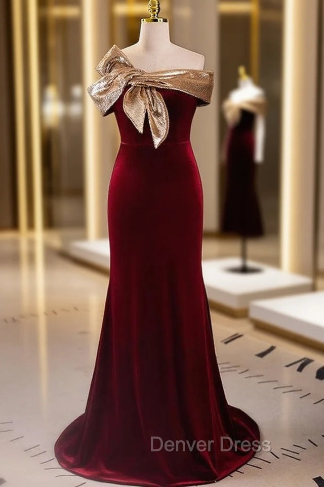 Burgundy Mermaid Sequins Off the Shoulder Prom Dresses