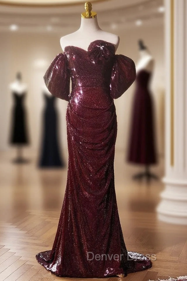 Burgundy Mermaid Sequins Pleats Prom Dresses