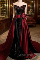 Burgundy Mermaid Sequins Satin Prom Dresses