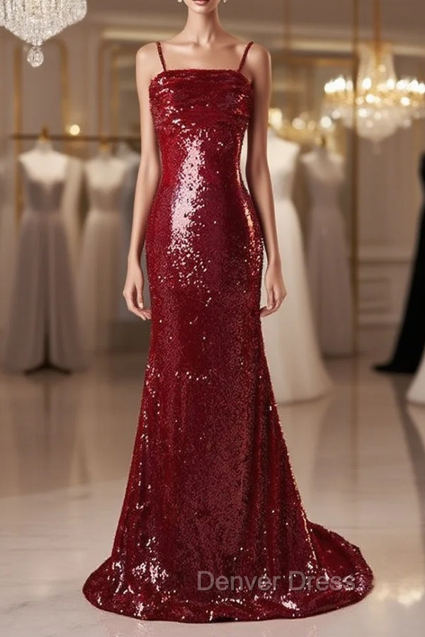 Burgundy Mermaid Sequins Spaghetti Straps Prom Dresses Main image