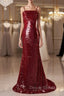 Burgundy Mermaid Sequins Spaghetti Straps Prom Dresses