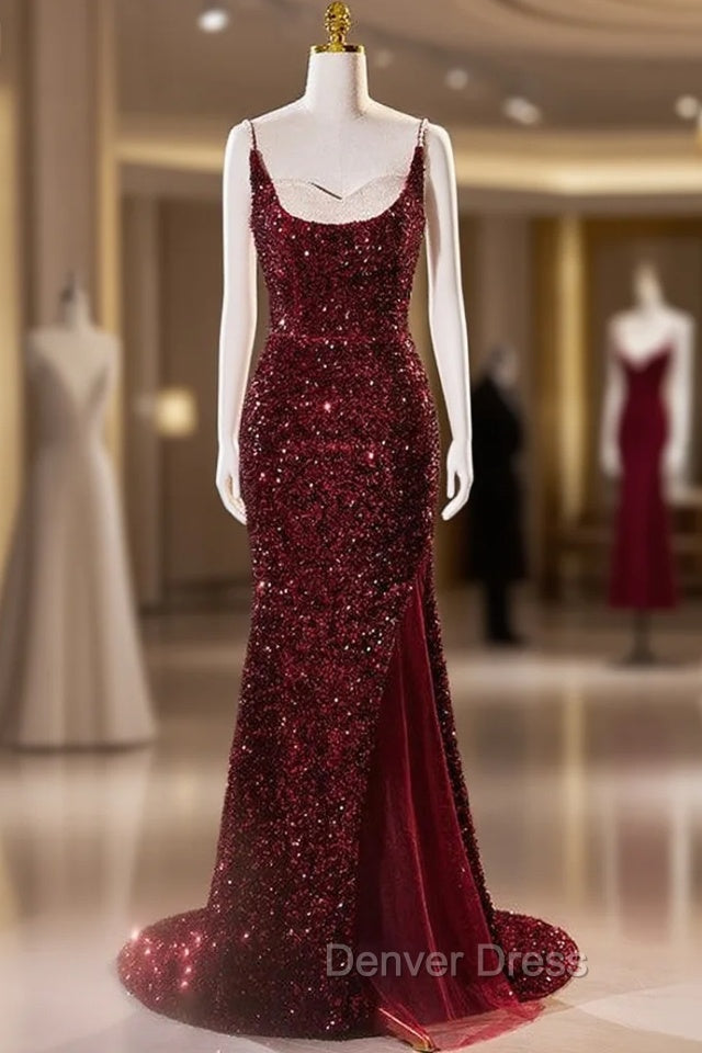 Burgundy Mermaid Sequins Spaghetti Straps Prom Dresses Main image