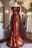 Burgundy Mermaid Sequins Strapless Pleats Prom Dresses