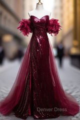 Burgundy Mermaid Sequins Strapless Prom Dresses With Detachable Train