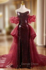 Burgundy Mermaid Sequins Strapless Prom Dresses With Train