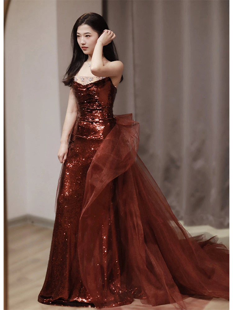 Burgundy Mermaid Sequins Tulle Strapless Prom Dress