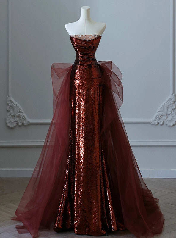 Burgundy Mermaid Sequins Tulle Strapless Prom Dress
