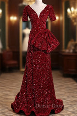 Burgundy Mermaid Sequins V-neck Prom Dresses