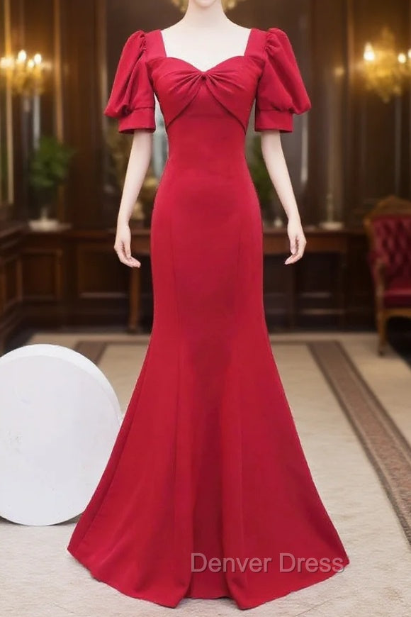 Burgundy Mermaid Short Sleeve Prom Dresses