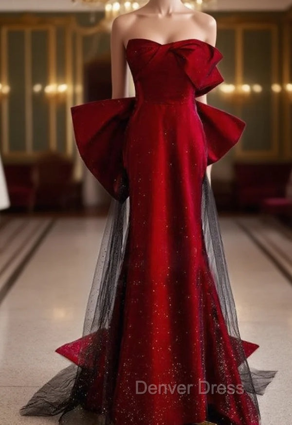 Burgundy Mermaid Strapless Bow Prom Dresses