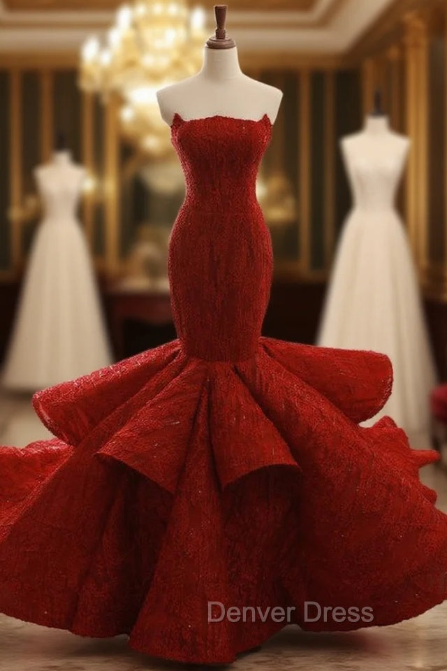 Burgundy Mermaid Strapless Sequins Backless Wedding Dresses