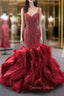 Burgundy Mermaid Straps Beading Feather Prom Dresses