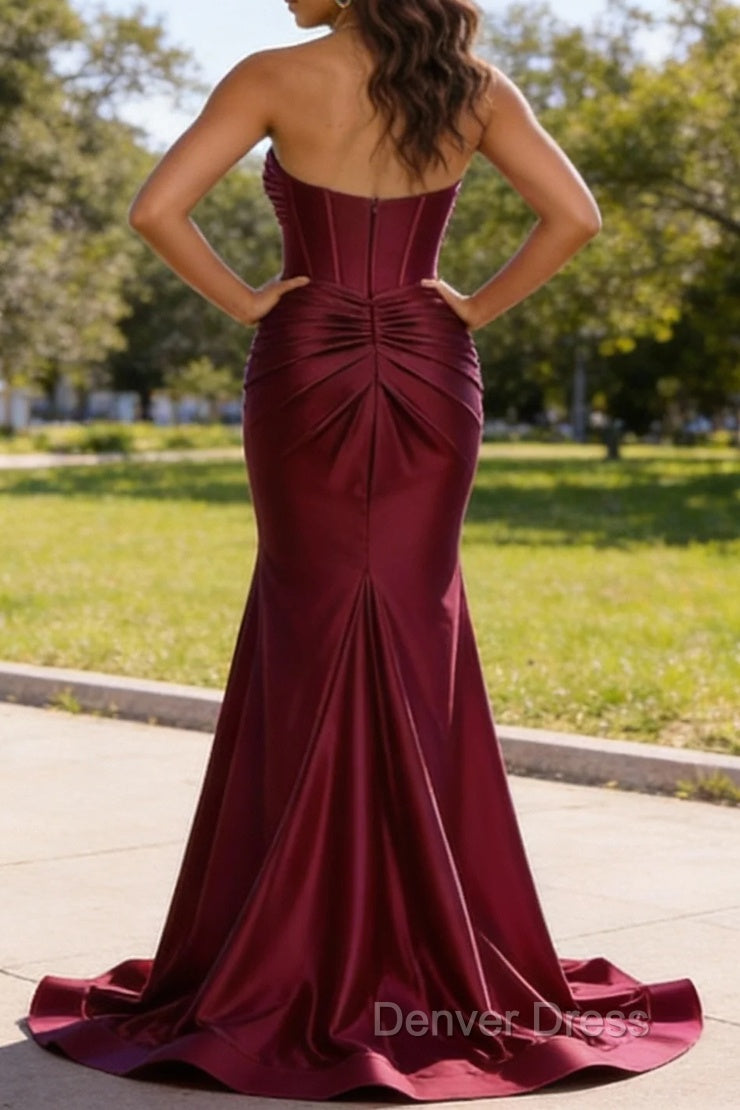 Burgundy Mermaid Sweetheart Corset Long Prom Dresses with Slit
