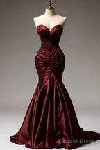 Burgundy Mermaid Sweetheart Satin Long Ball Gowns, Fitted Prom Gowns