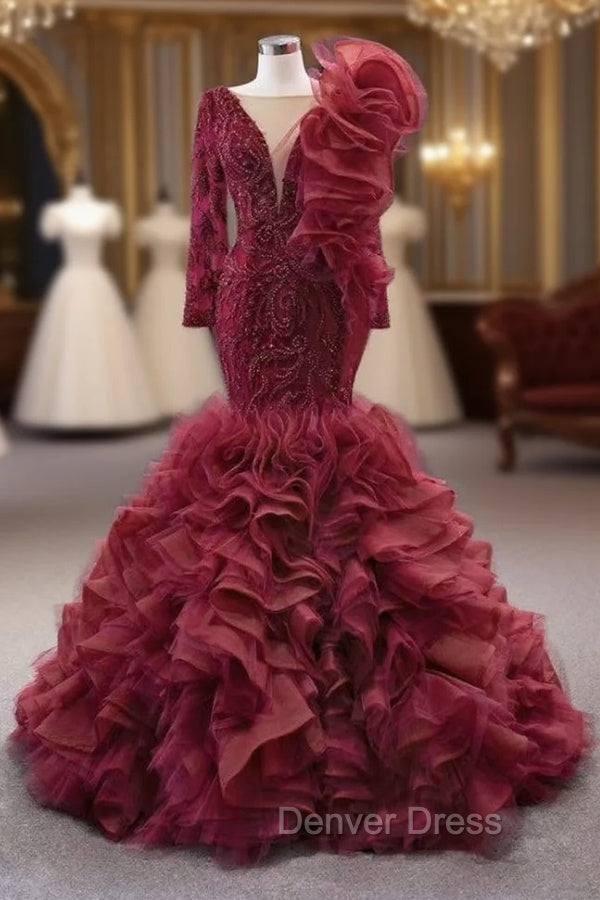 Burgundy Mermaid Tulle Beading Prom Dresses