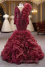 Burgundy Mermaid Tulle Beading Prom Dresses