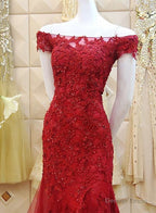 Burgundy Mermaid Tulle Evening Gown with Lace Applique, Off Shoulder Prom Dress