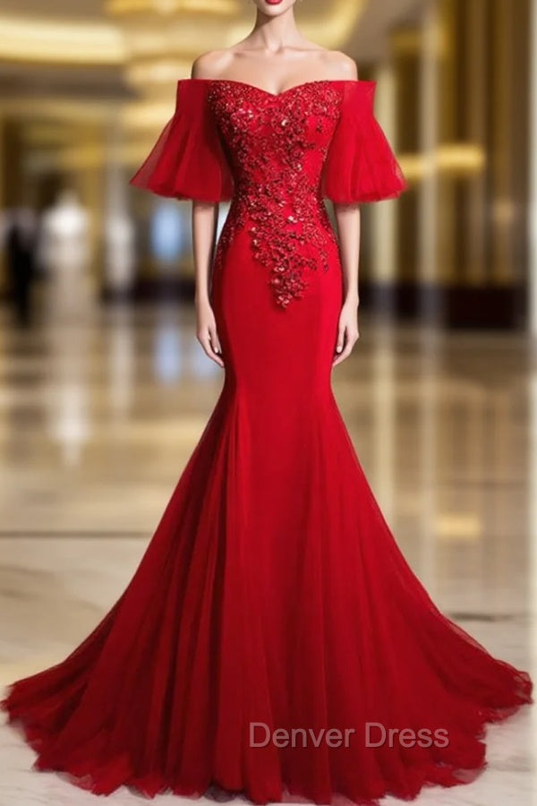 Burgundy Mermaid Tulle Off the Shoulder Beading Sequins Prom Dresses