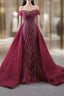 Burgundy Mermaid Tulle Off the Shoulder Pleats Prom Dresses
