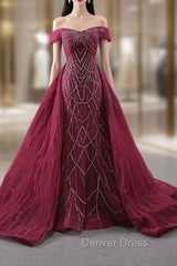 Burgundy Mermaid Tulle Off the Shoulder Pleats Prom Dresses