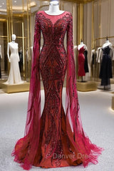 Burgundy Mermaid Tulle Sequins Long Sleeve Prom Dresses