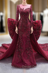 Burgundy Mermaid Tulle Sequins Prom Dresses With Detachable Train